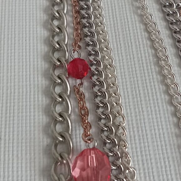 Pink & Purple Beaded Silver Toned Metal Multi Strand Colorful Statement Necklace - Picture 7 of 11
